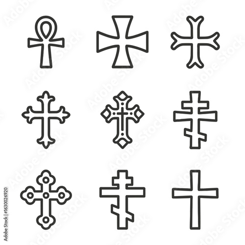 Cultural Cross Icon Set. Outline icon set of cultural crosses: Ankh cross, Norse cross, Byzantine cross, Armenian cross, Ethiopian