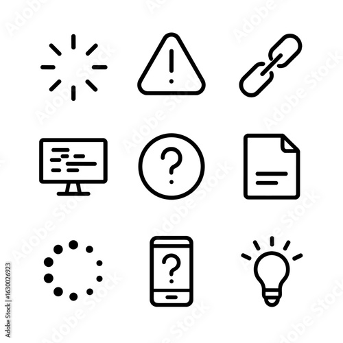 Tech Uncertainty Icons. Outline icon set of uncertainty in technology: loading spinner, error warning, broken link, glitch screen,
