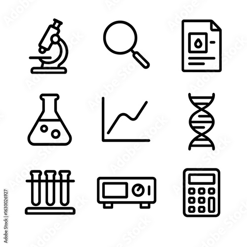 Lab Equipment Icons. Outline icon set of sample analysis: microscope, magnifying glass, lab report, chemical flask, graph chart,