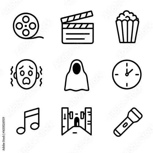Icon Set_ Cinema & Sports. Outline icon set of shiver in storytelling and cinema: film reel, clapperboard, popcorn, scared face,