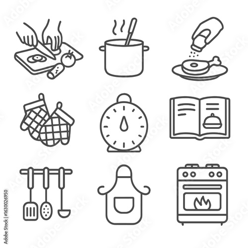 Dinner Prep Icons. Outline icon set of dinner preparation: chopping vegetables, stirring pot, seasoning food,