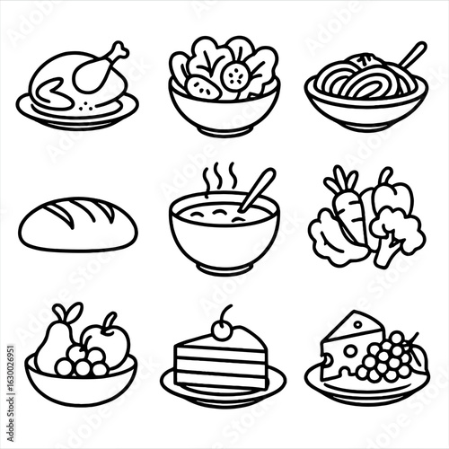 Dinner Icon Set. Outline icon set of dinner food items: roasted chicken, salad, pasta, bread loaf, soup,