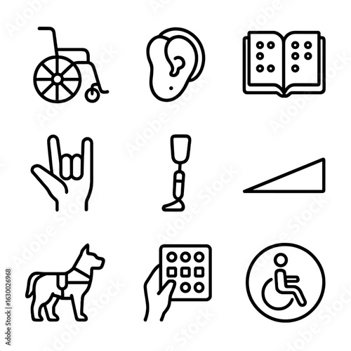 Disability Inclusion Icons. Outline icon set of disability inclusion: wheelchair, hearing aid, braille book,