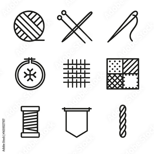 Textile Craft Icons. Outline icon set of string and textiles: yarn ball, knitting needle, sewing needle, embroidered cloth, woven