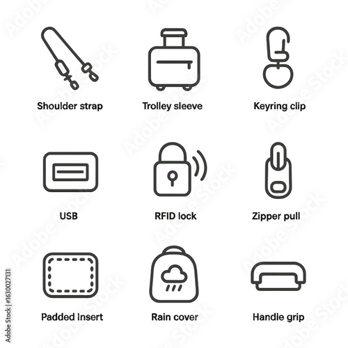 Laptop Bag Accessories Icons. Outline icon set of laptop bag accessories: shoulder strap, trolley sleeve, key ring hook, USB port,