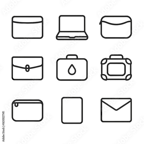 Laptop Case Icons. Outline icon set of laptop cases: sleeve case, hard shell, neoprene pouch, leather folio, waterproof case,