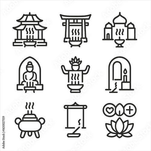 Cultural Incense Icon Set. Outline icon set of incense in culture: Chinese temple, Japanese shrine, Indian ashram, Buddhist altar,