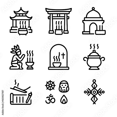 Cultural Incense Icon Set. Outline icon set of incense in culture: Chinese temple, Japanese shrine, Indian ashram, Buddhist altar,