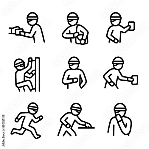 Thief Actions Icons. Outline icon set of thief actions: grab wallet, steal bag, snatch phone, climb wall, hide item, pick pocket,