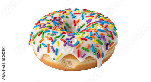 Deliciously sweet white frosted donut covered in colorful rainbow sprinkles isolated on transparent background