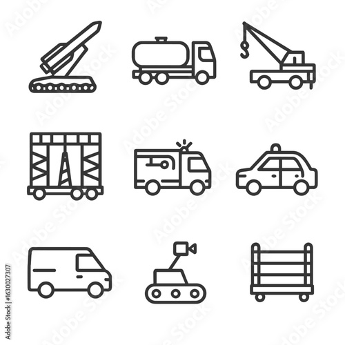 Launch Pad Icon Set. Outline icon set of launch pad vehicle support: transporter-erector, fuel truck, crane, support vehicle, fire
