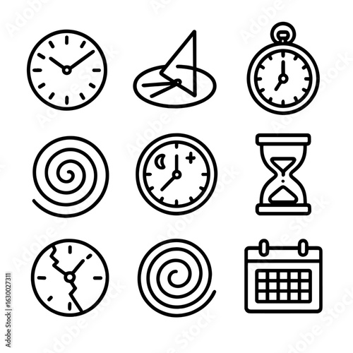 Time Icons Collection. Outline icon set of time and eternity: clock face, sundial, ancient watch, ticking metronome, time spiral,