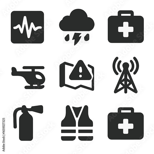 Disaster Science Icons. Solid, filled icons set of Disaster monitoring science: seismic waves, storm cloud,
