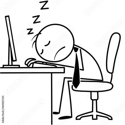 Tired businessman sleeps on keyboard in office. Funny vector cartoon illustration of overworked employee. Isolated on white background.