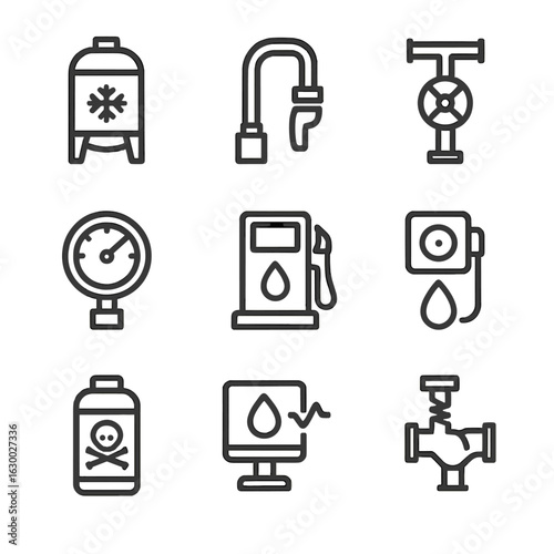 Launch Pad Icons. Outline icon set of launch pad fueling systems: cryogenic tank, fuel hose, valve control, pressure gauge, fuel