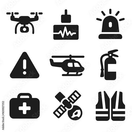 Disaster Technology Icons. Solid, filled icons set of Disaster science technologies: drone survey, seismic