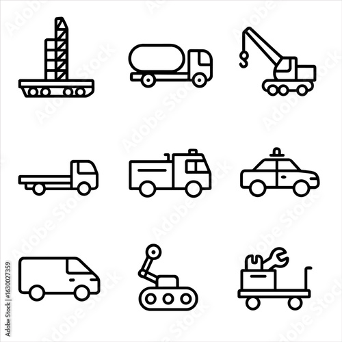 Launch Pad Icon Set. Outline icon set of launch pad vehicle support: transporter-erector, fuel truck, crane, support vehicle, fire