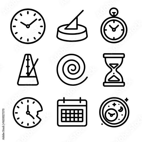 Time Icons Collection. Outline icon set of time and eternity: clock face, sundial, ancient watch, ticking metronome, time spiral,