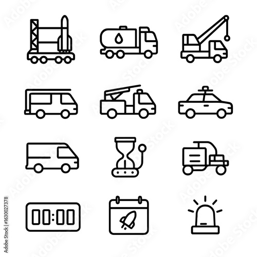 Launch Pad Icons. Outline icon set of launch pad vehicle support: transporter-erector, fuel truck, crane, support vehicle, fire