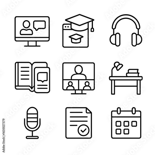 Distance Education Icons. Outline icon set of distance education: computer screen, online course, headphones,