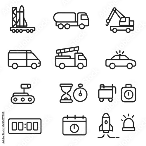 Launch Pad Icons. Outline icon set of launch pad vehicle support: transporter-erector, fuel truck, crane, support vehicle, fire