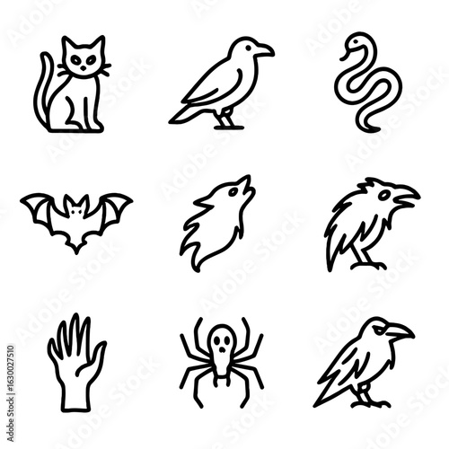 Cursed Creature Icons. Outline icon set of cursed creatures: black cat, raven, serpent, bat, spectral wolf, cursed crow, demon