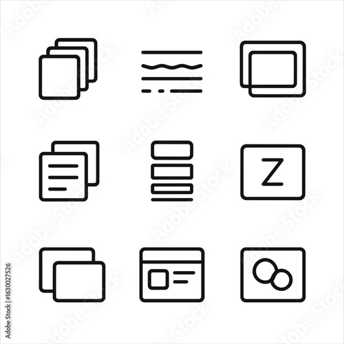 Layered UI Icon Set. Outline icon set of layered UI depth: card elevation, shadow layers, modal overlay, parallax layers, depth