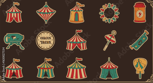 Artistic illustration featuring various colorful circus tents and related vintage elements, arranged on a brown background.