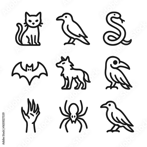 Cursed Creature Icons. Outline icon set of cursed creatures: black cat, raven, serpent, bat, spectral wolf, cursed crow, demon