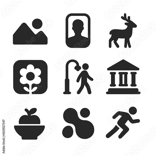 Diverse Photography Icons. Solid, filled icons set of photography subjects: landscape, portrait, wildlife,