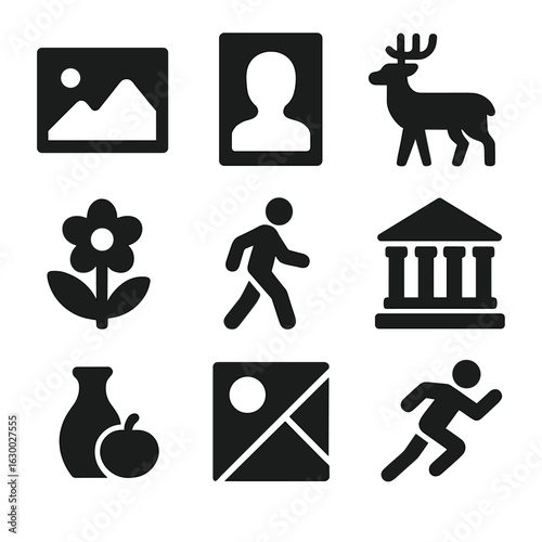 Diverse Photography Icons. Solid, filled icons set of photography subjects: landscape, portrait, wildlife,
