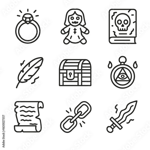 Cursed Objects Icons. Outline icon set of cursed objects: cursed ring, haunted doll, ancient relic, cursed sword, black feather,