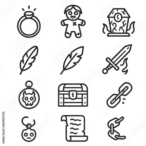 Cursed Objects Icons. Outline icon set of cursed objects: cursed ring, haunted doll, ancient relic, cursed sword, black feather,