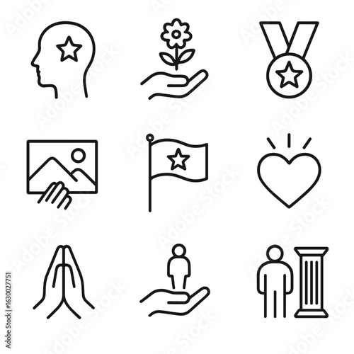 Legacy Emotions Icons. Outline icon set of legacy emotions: remembrance, respect, honor, nostalgia, pride, gratitude, legacy