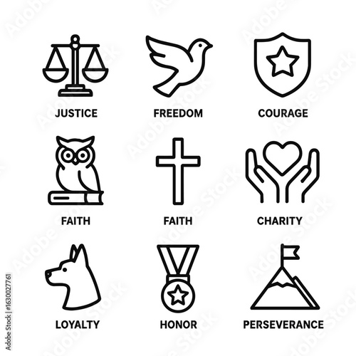 Legacy Values Icons. Outline icon set of legacy values: justice, freedom, courage, wisdom, faith, charity, loyalty, honor,