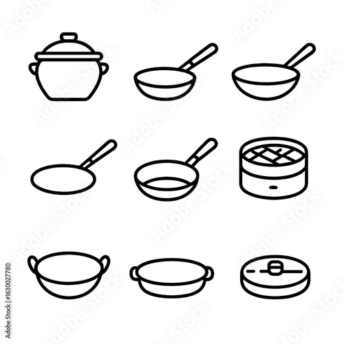 Traditional Cookware Icons. Outline icon set of traditional cookware: clay pot, iron pan, copper pan, brass tawa, stone pan,
