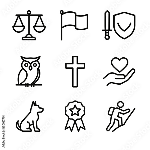 Legacy Values Icons. Outline icon set of legacy values: justice, freedom, courage, wisdom, faith, charity, loyalty, honor,
