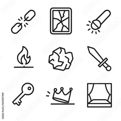 Tragic Icons Collection. Outline icon set of tragic events: broken chain, shattered mirror, dropped microphone, extinguished flame