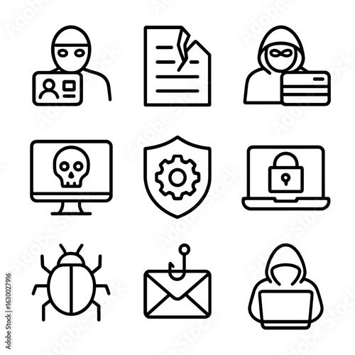 Cybercrime Icon Set. Outline icon set of cybercrime activities: identity theft, data breach, credit card fraud, cyber attack,