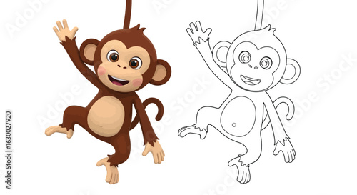 Cute Three Dimensional Cartoon Monkeys for Kids Coloring Page Printable Educational Sheet