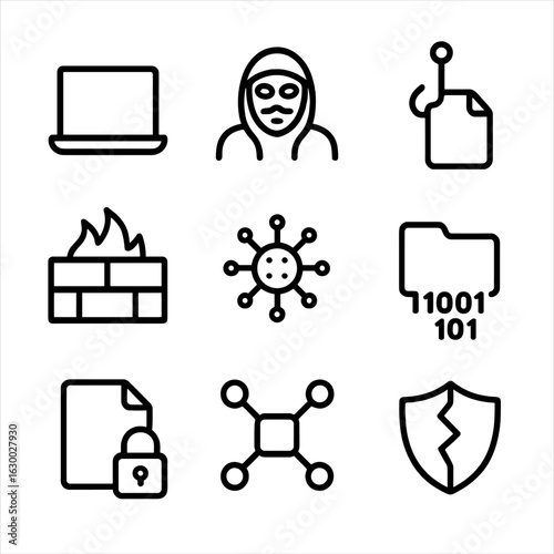Cybercrime Icon Set. Outline icon set of cybercrime elements: laptop, hacker mask, phishing hook, firewall, virus, data breach,