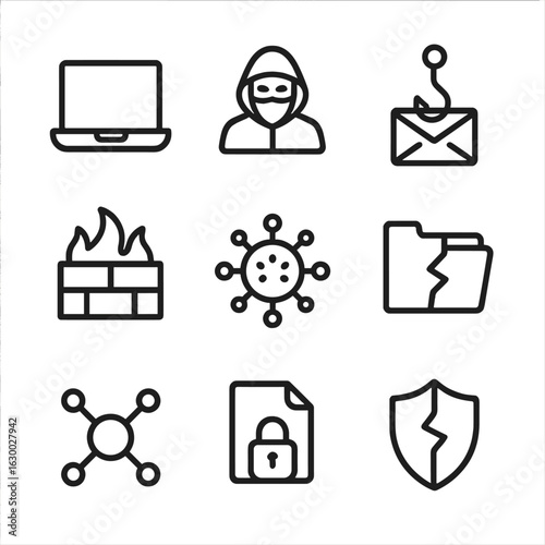 Cybercrime Icon Set. Outline icon set of cybercrime elements: laptop, hacker mask, phishing hook, firewall, virus, data breach,