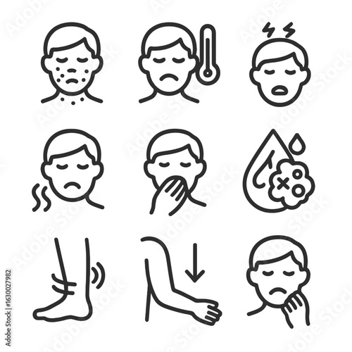 Transfusion Symptoms Icons. Outline icon set of transfusion reactions and symptoms: rash, fever, chills, breathing difficulty,