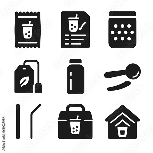 DIY Boba Kit Icons. Solid, filled icons set of DIY boba tea kits: ingredient sachet, instruction sheet, sealed