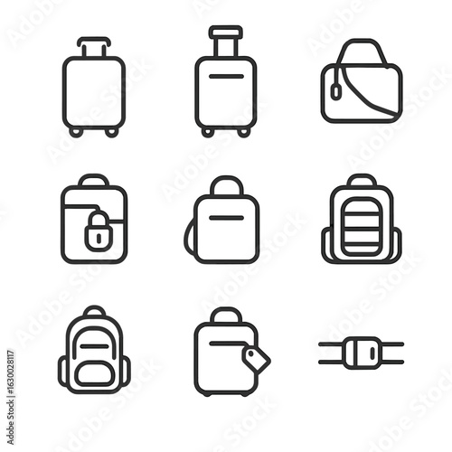 Travel Bag Icons. Outline icon set of travel bag features: wheels, retractable handle, shoulder strap, lockable zip, carry loop,