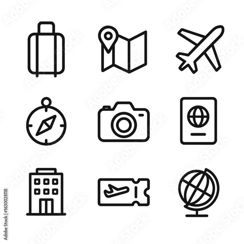 Travel Icon Collection. Outline icon set of lifetime journey: suitcase, map, airplane, compass, camera, passport, hotel, ticket,