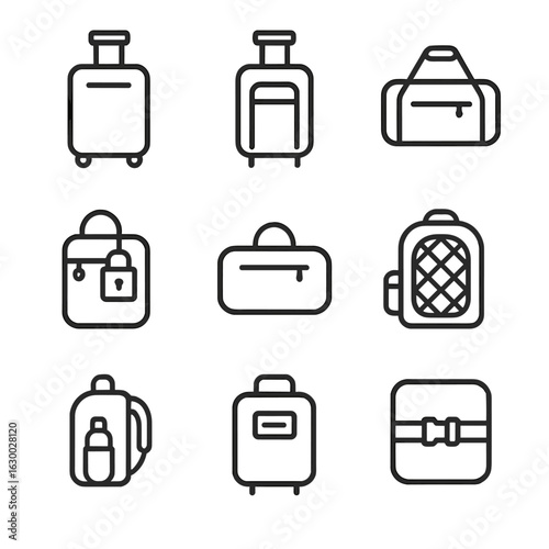 Travel Bag Icons. Outline icon set of travel bag features: wheels, retractable handle, shoulder strap, lockable zip, carry loop,