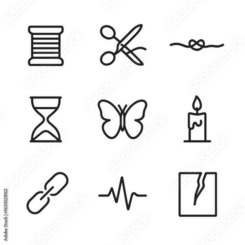 Life Thread Symbols. Outline icon set of life thread symbolism: thread spool, scissors near thread, broken thread with knot,