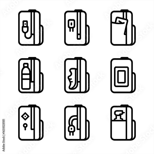 Travel Luggage Icons. Outline icon set of travel luggage side features: USB access pocket, power adapter zip, boarding pass sleeve