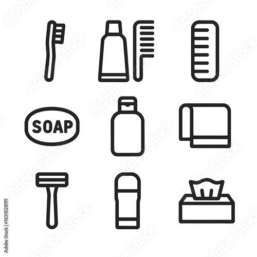 Daily Necessities Icons. Outline icon set of daily necessities: toothbrush, toothpaste, comb, soap, shampoo bottle, towel, razor,